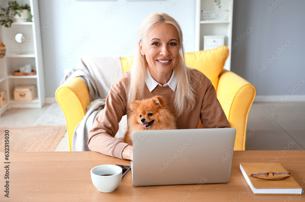 Mature woman with Pomeranian dog using laptop in office