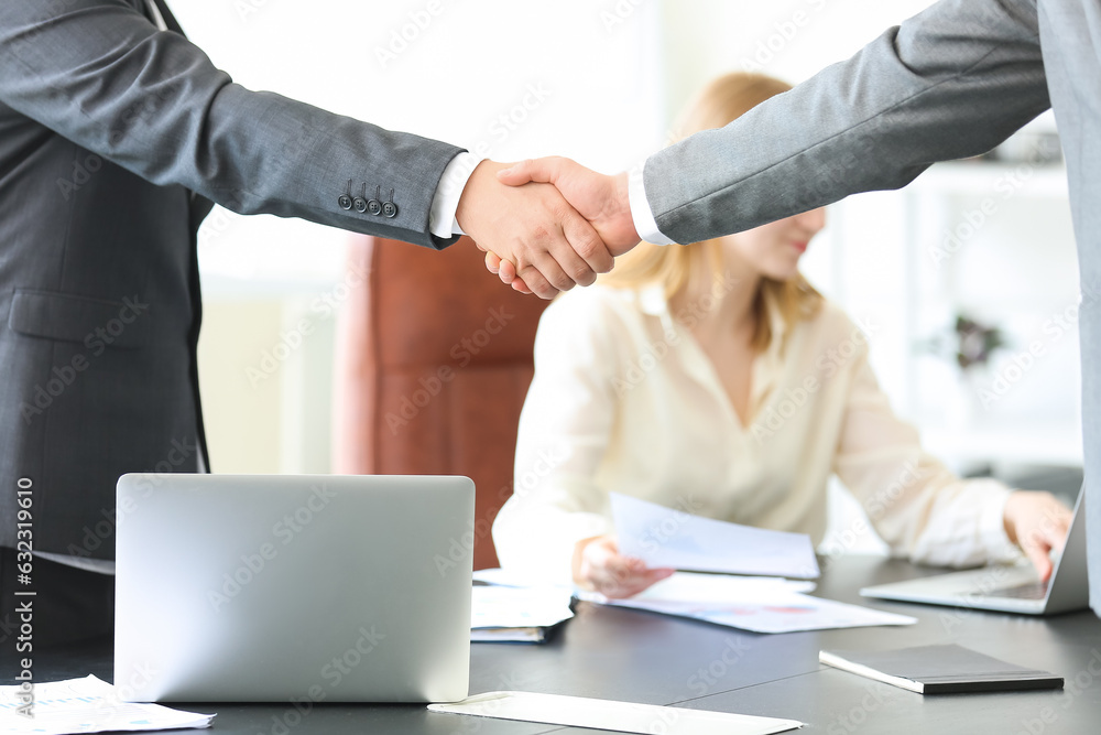 Male business consultants shaking hands in office, closeup