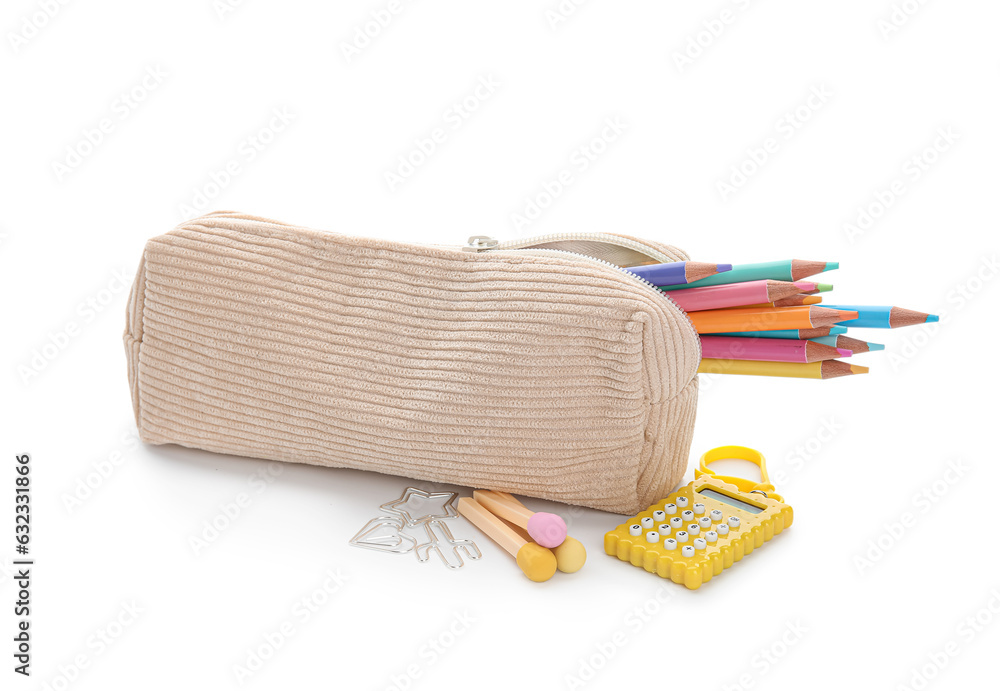 Pencil case with different stationery isolated on white background