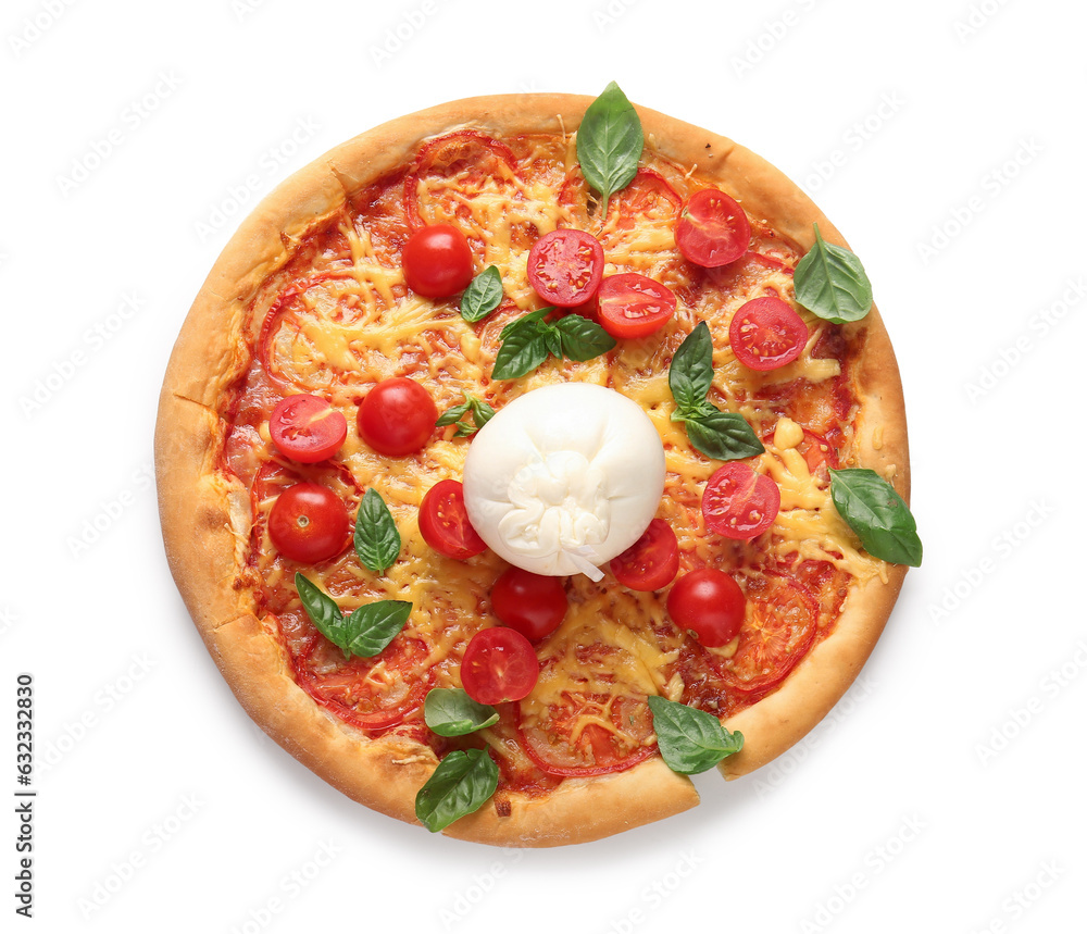 Tasty pizza with Burrata cheese on white background