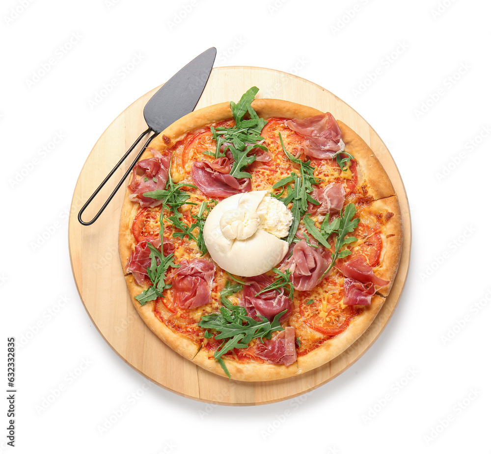 Wooden board of tasty pizza with Burrata cheese on white background