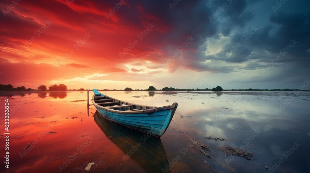 Red sky with an orange boat at the lake