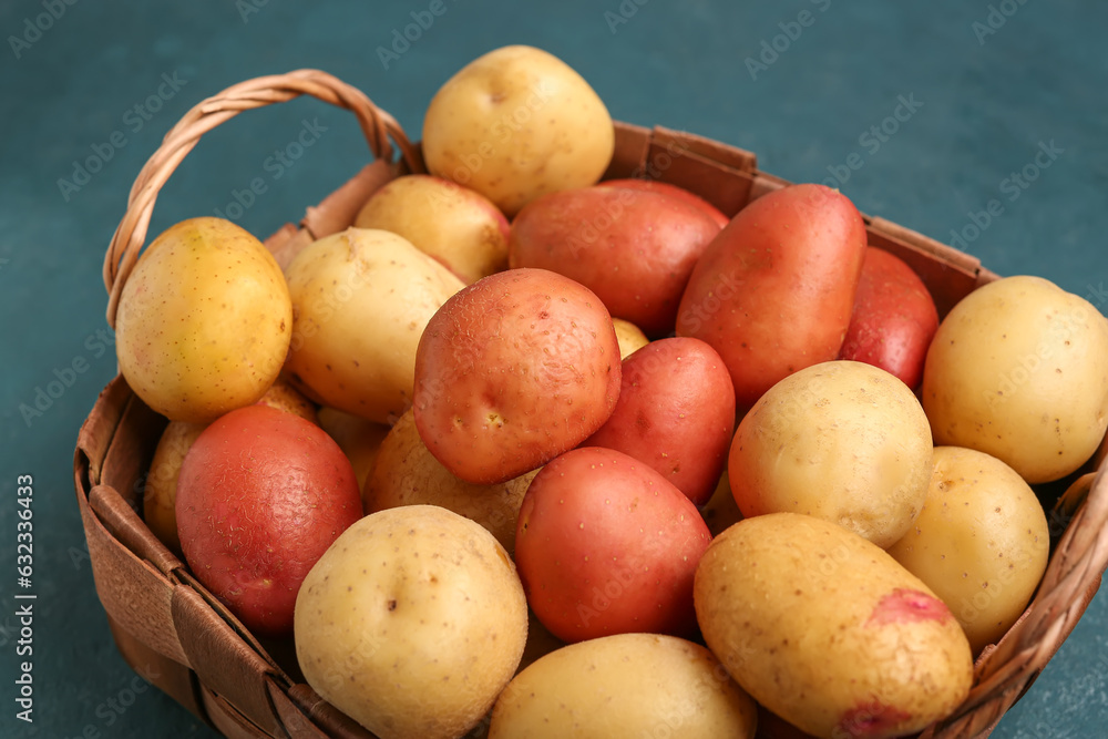 Wicker basket with fresh raw potatoes on blue background