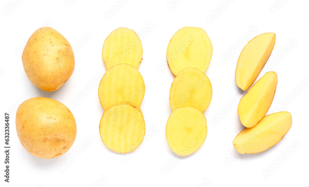 Slices of fresh raw potatoes on white background