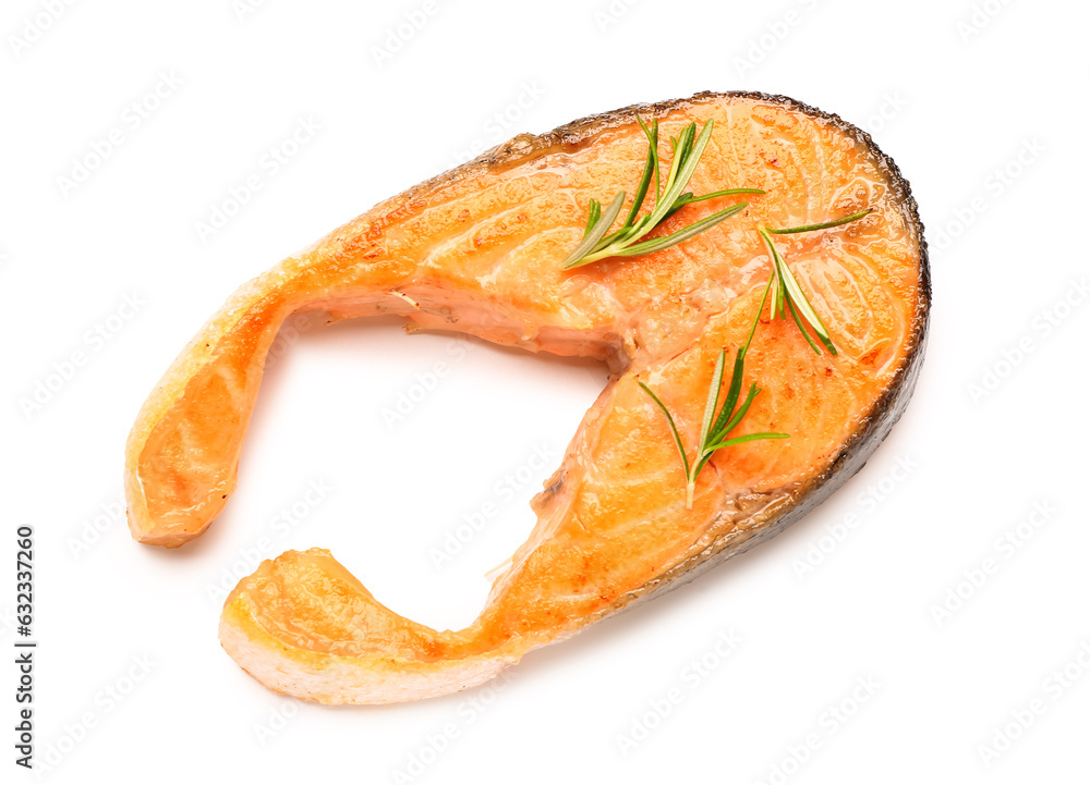 Tasty fried salmon steak with rosemary on white background