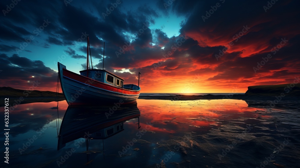 Red sky with an orange boat at the lake