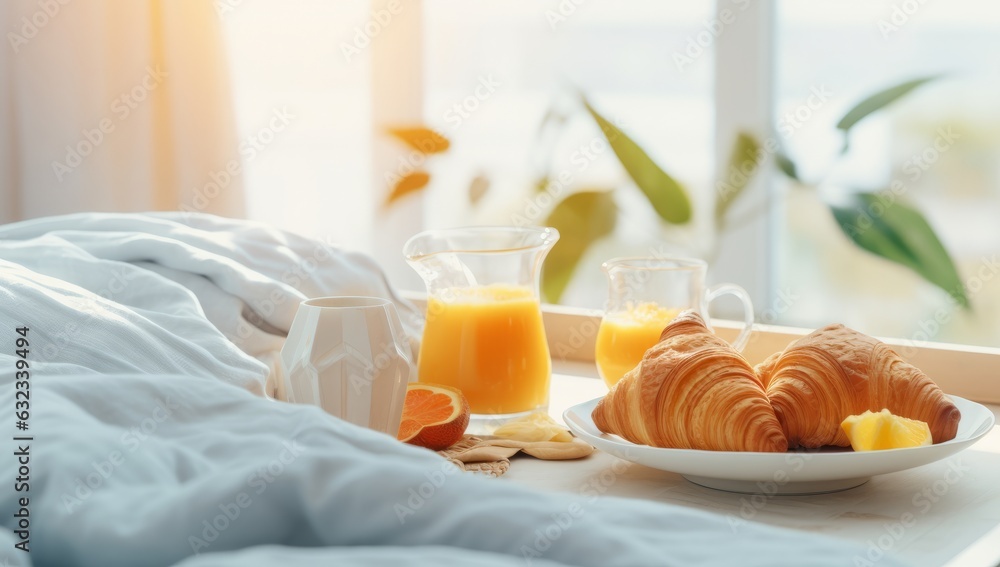 Breakfast tray with orange juice, croissants and milk in the room