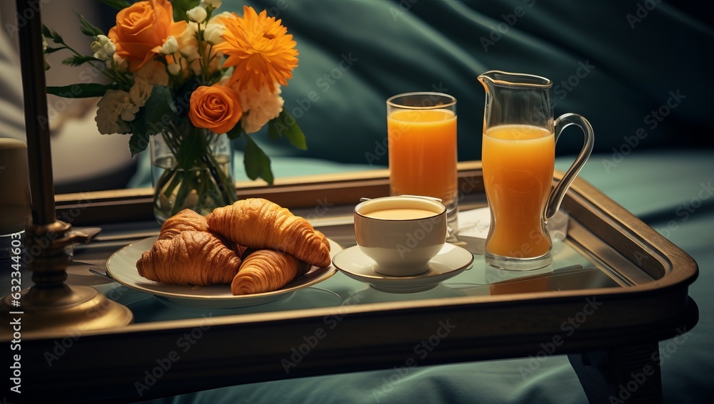 Breakfast tray with orange juice, croissants and milk in the room