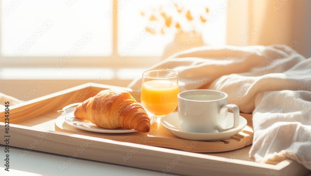 Breakfast tray with orange juice, croissants and milk in the room