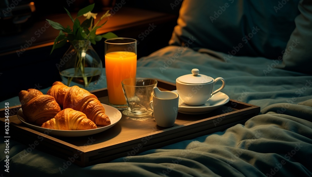 Breakfast tray with orange juice, croissants and milk in the room