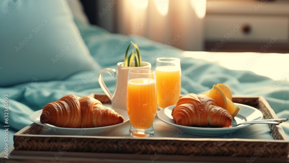 Breakfast tray with orange juice, croissants and milk in the room