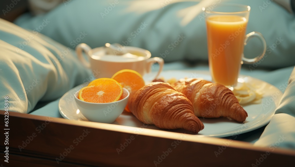 Breakfast tray with orange juice, croissants and milk in the room