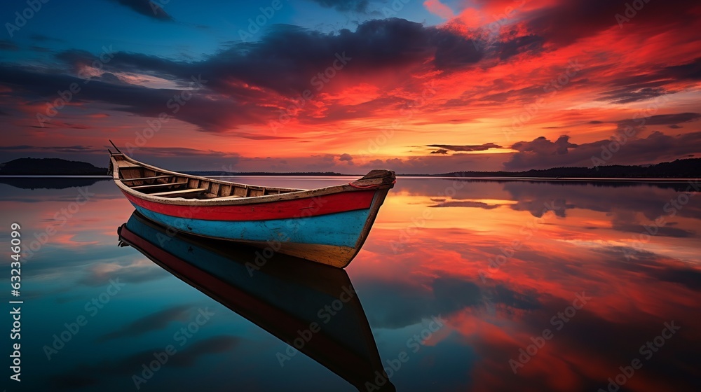 Red sky with an orange boat at the lake