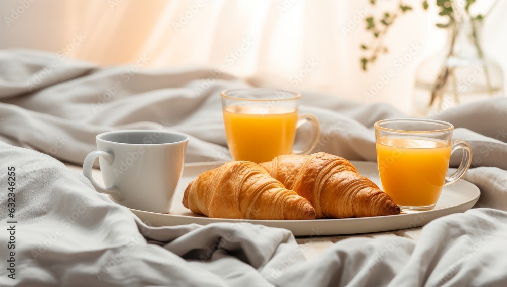 Breakfast tray with orange juice, croissants and milk in the room