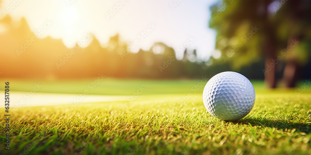 Close-up of golf ball on green grass of golf course, sunny day, blurred backdrop. Generative AI