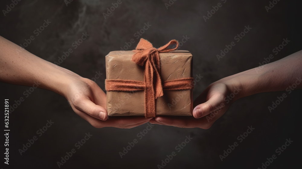 Handcrafted gift box in hands. Offering of the beautiful handmade giftbox.