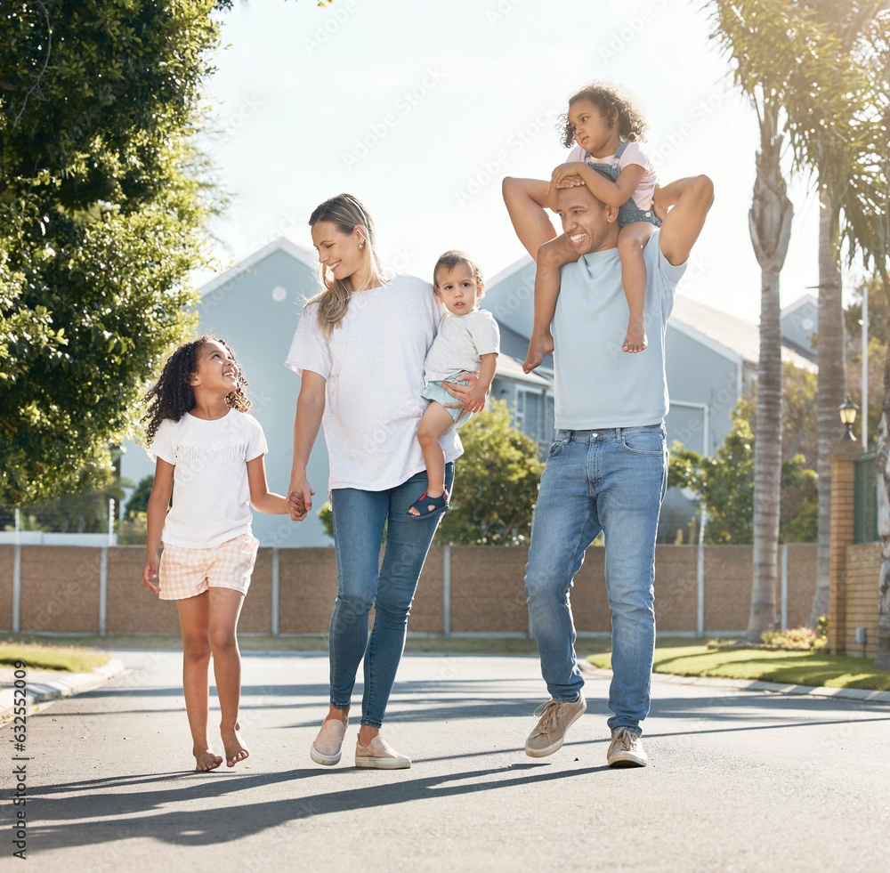 Happy family, parents walking or children on road in neighborhood with support, care or love. Piggyb