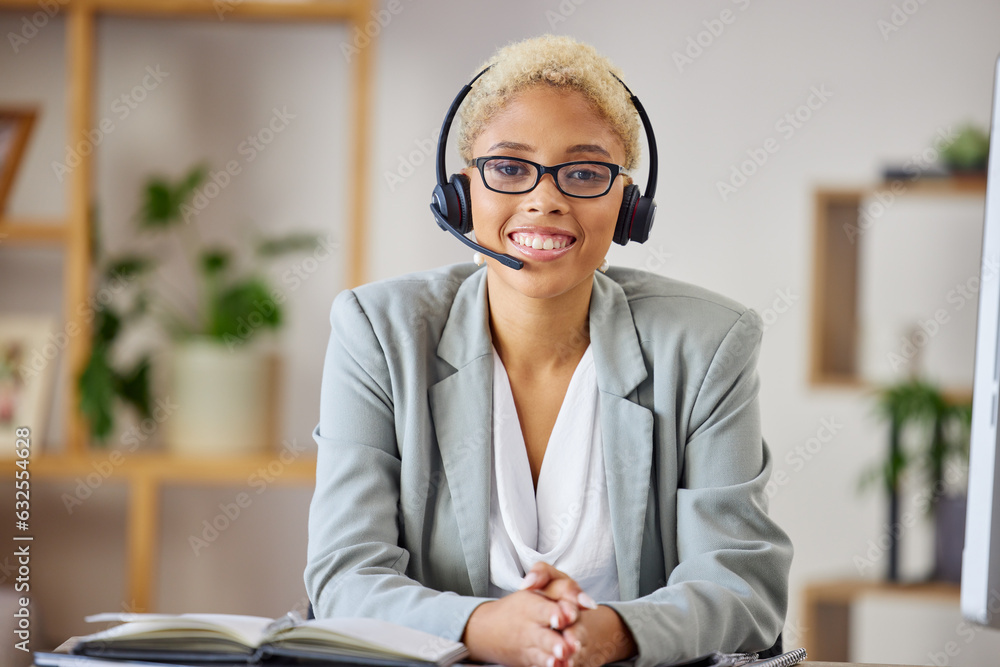 Call center, portrait and business woman in office consulting for crm, contact us or customer suppor