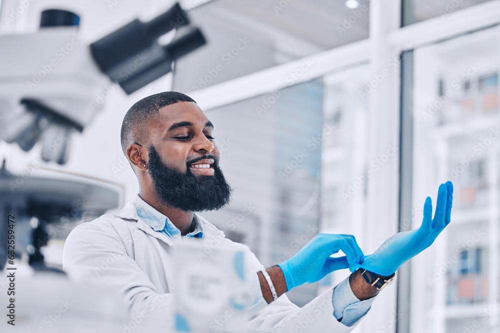 Scientist, black man and gloves in medical research at laboratory to start science analysis, test or