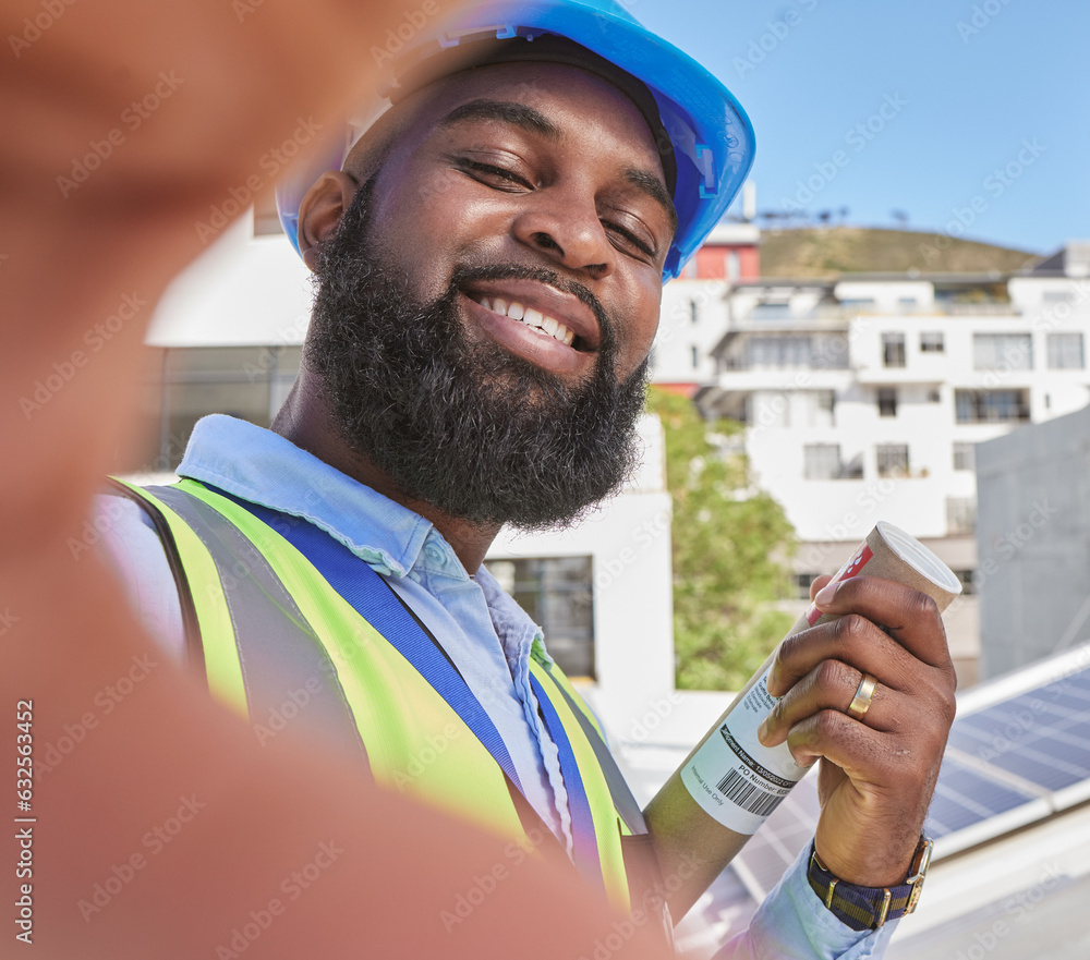 Engineer, selfie and smile of a man outdoor in a city for architecture, building and construction. F