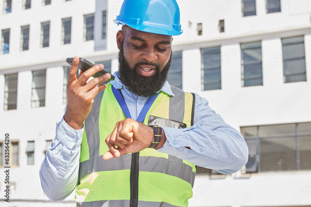 Black man, time or architect on a phone call or construction site speaking of building schedule or p