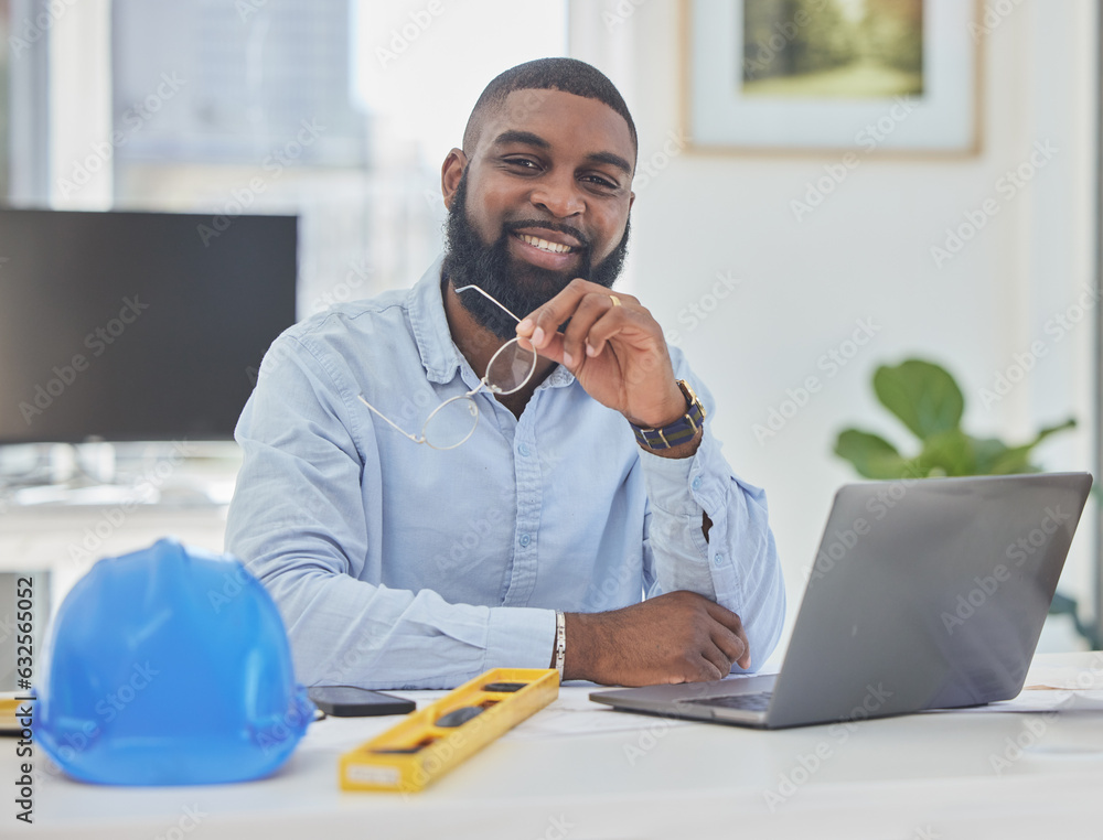 Engineering, laptop or portrait of black man in office for architecture, research or building design