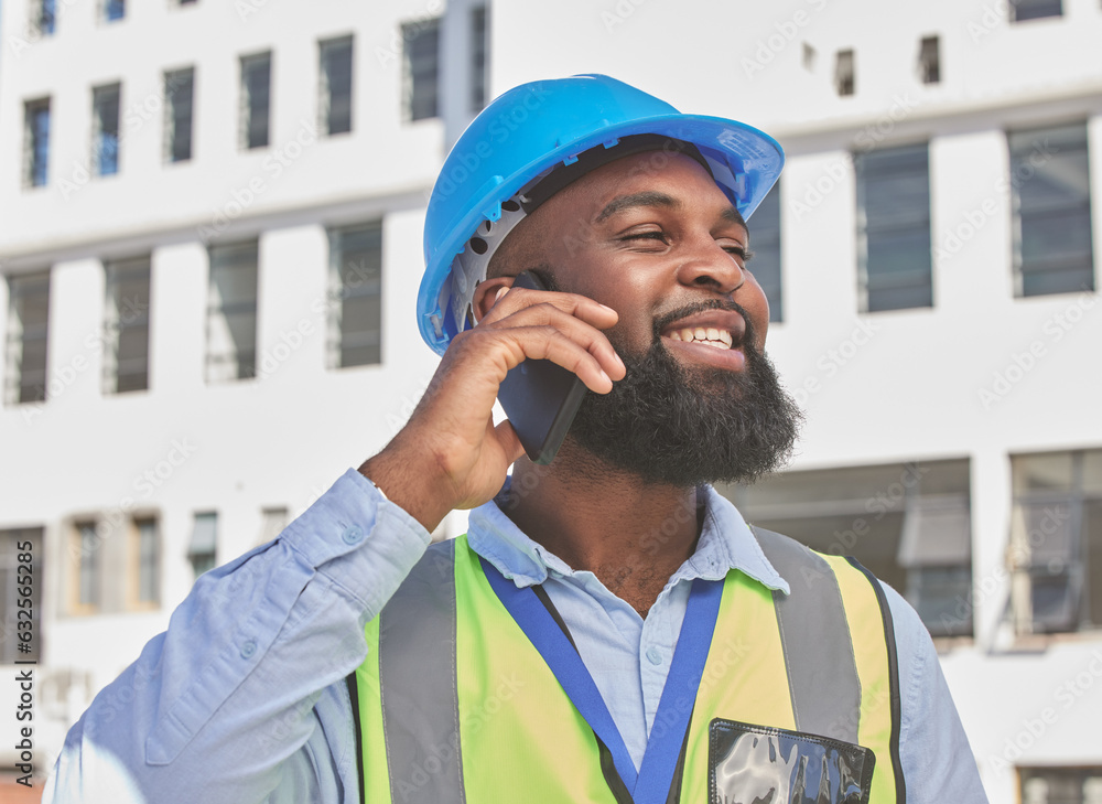 Engineering, phone call and happy with black man in city for architecture, communication and contact