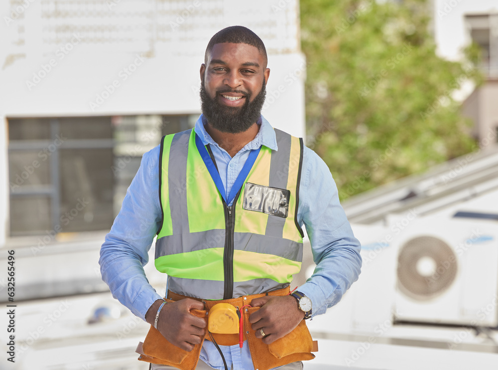 Black man, portrait and construction, maintenance and engineer with smile and architecture outdoor. 