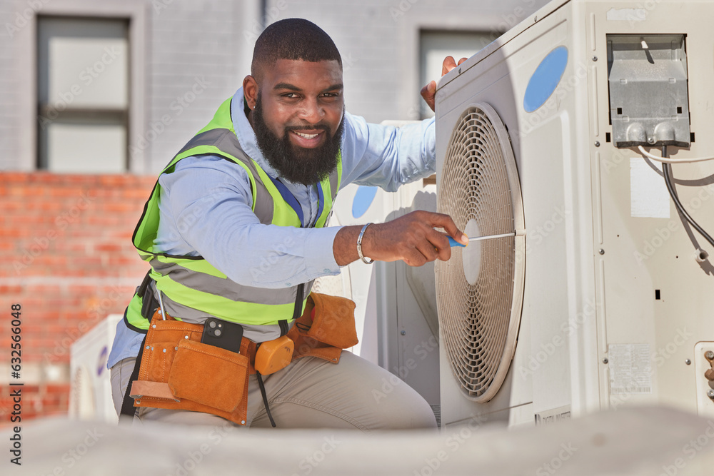 Black man, portrait and maintenance, AC repair and engineering with smile and labor outdoor. African