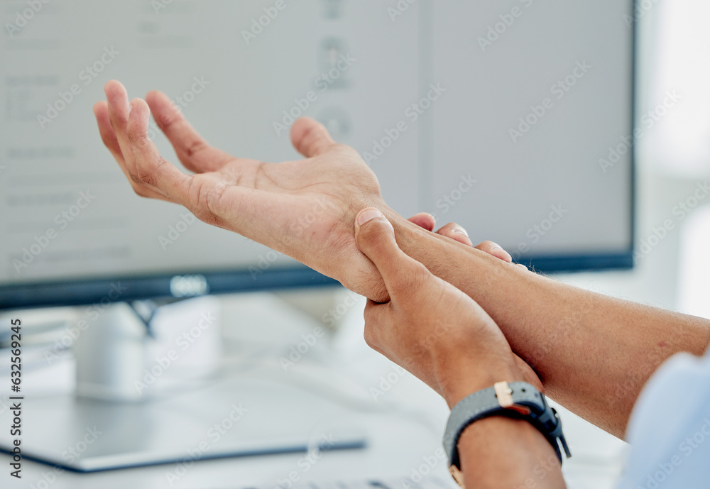 Hand, work and a person with an injury or arthritis from corporate or typing stress. Closeup, busine