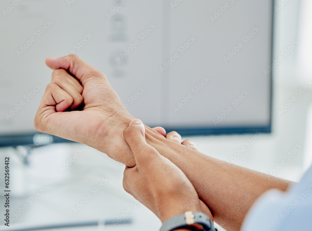 Hand, work and a person with an injury or pain of a muscle from corporate or typing stress. Closeup,