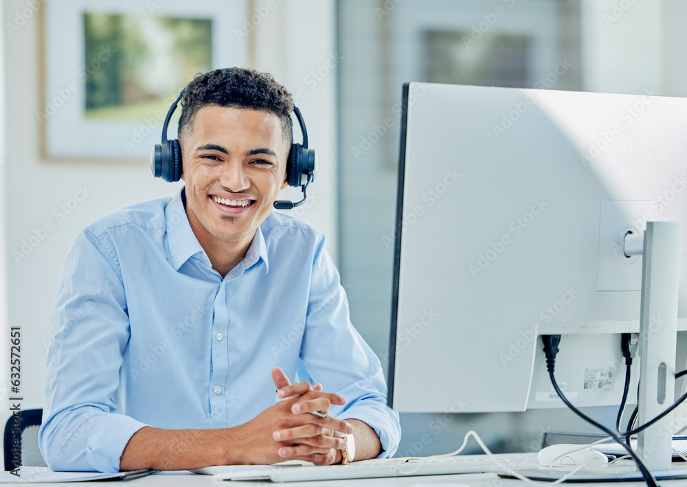 Telemarketing, portrait and man with a smile, call center and employee with headphones, tech support