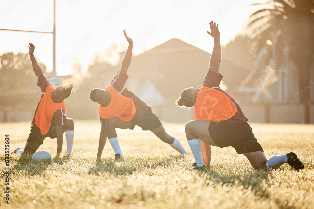 Rugby, club and team stretching at training for match or competition in the morning doing warm up ex