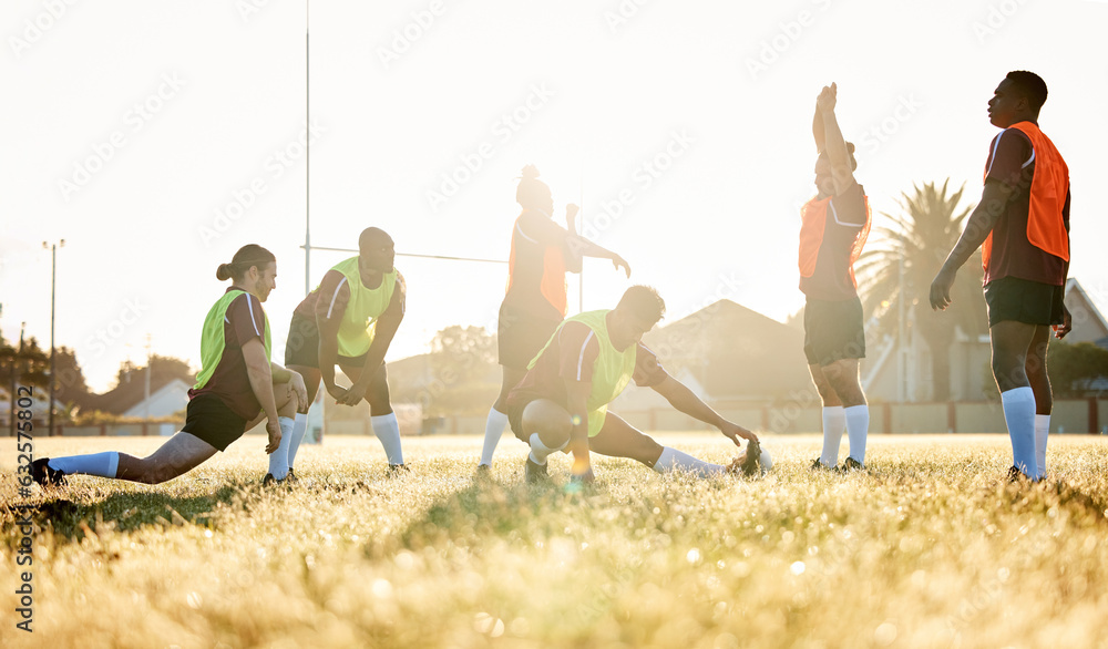 Sports, fitness and a rugby team stretching on a field at training in preparation for a game or matc