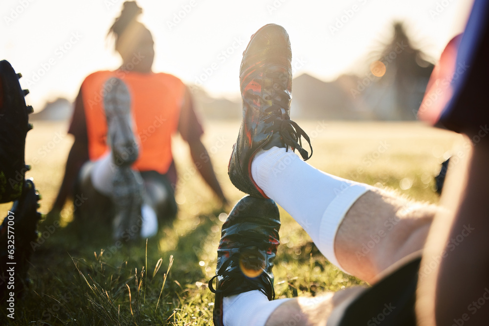 Rugby, stretching legs and people on field for sports, team training or together in the morning. Gra