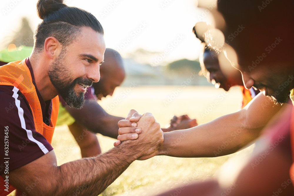 Rugby, shaking hands and team exercise, training or cooperation at sunrise. Handshake, sports partne