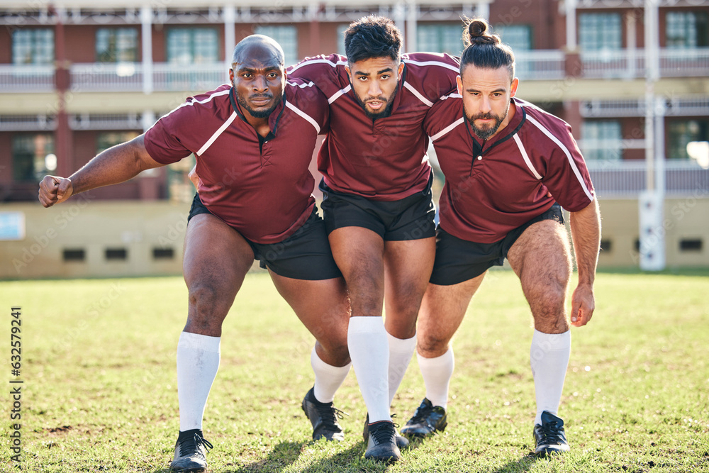 Portrait, fitness and a rugby team training together for a scrum in preparation of a game or competi