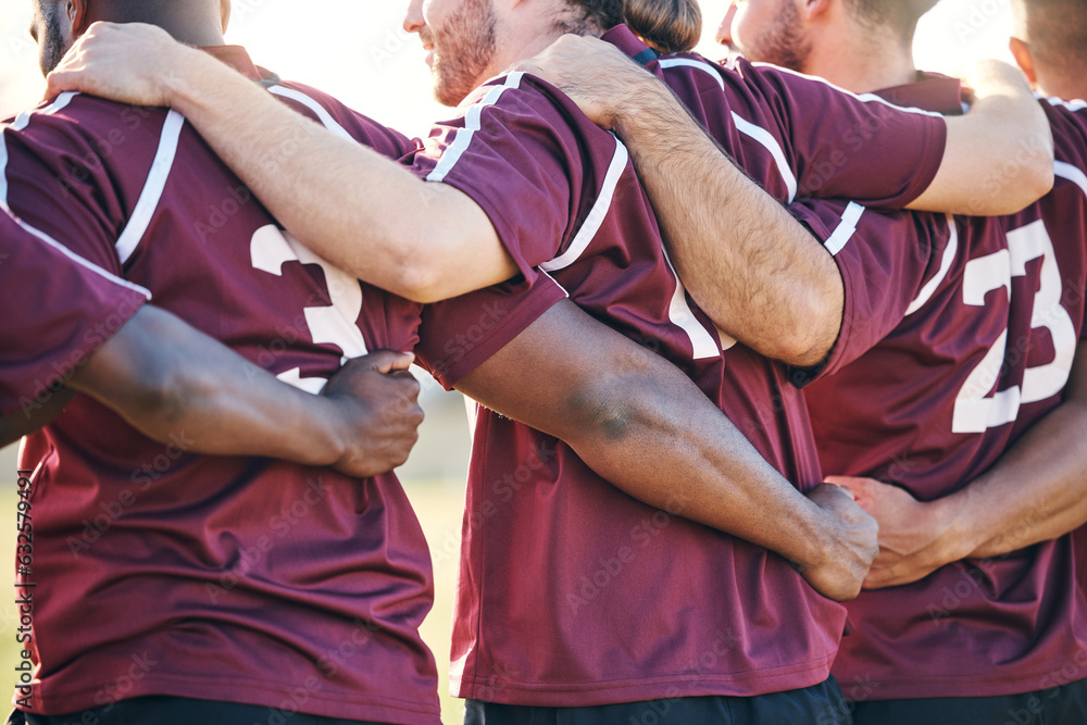 Hug, sports and men at game for rugby, team support or solidarity for a competition. Back, motivatio