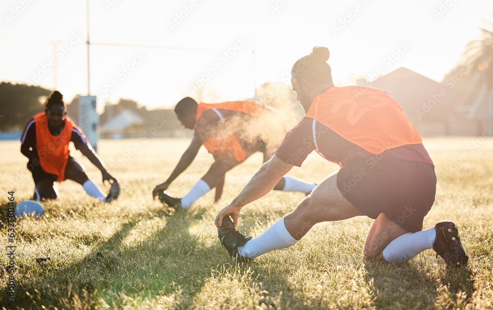 Rugby, team and people stretching at training for match or competition in the morning doing warm up 