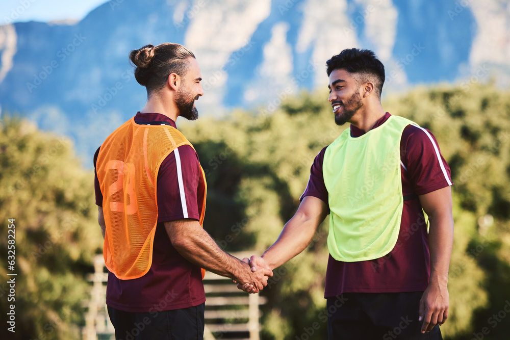 Handshake, rugby team and men in sports, exercise training or cooperation at field outdoor. Shaking 