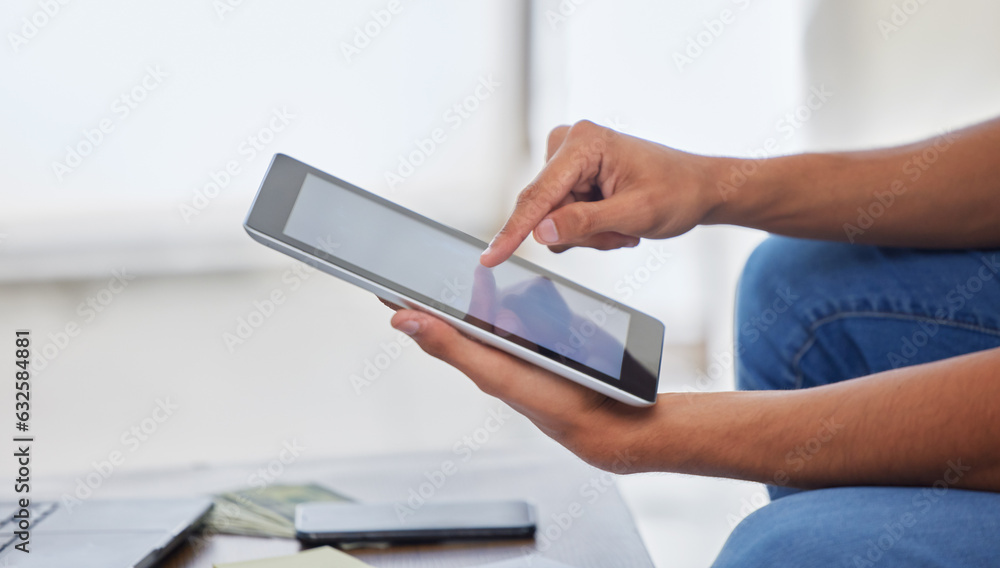 Hands, tablet and scroll, social media and app with communication, internet and connection. Wireless