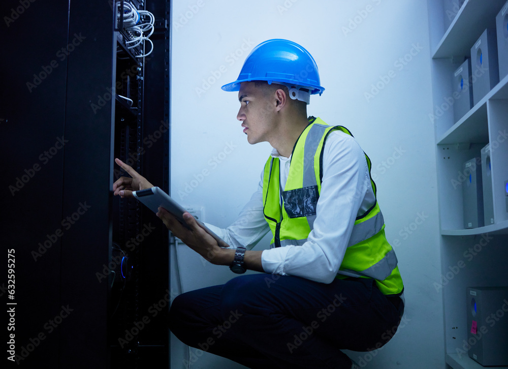 Man, engineering and tablet for power maintenance, server room or data center inspection in IT cyber