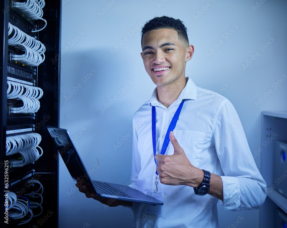 Man, thumbs up and server room on computer in cybersecurity, IT cables and hardware or data safety s