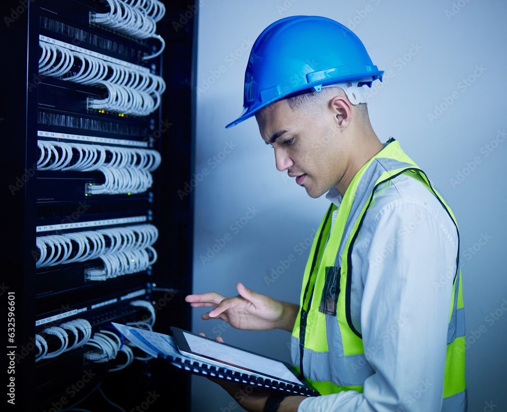 Man, engineering and tablet for data center maintenance, server room programming or inspection in IT