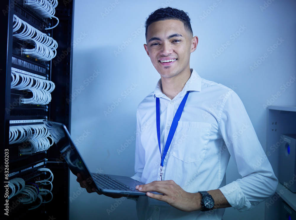 Man, electrician and computer in server room inspection, cybersecurity maintenance and IT cables or 