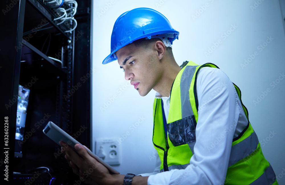 Man, electrician and tablet for power maintenance, server room or data center upgrade in IT or cyber