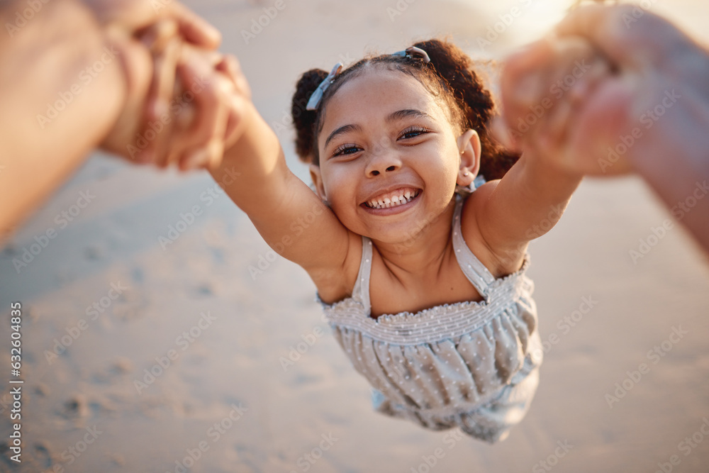 Girl child, swing and pov at beach, portrait and smile for game, holding hands or speed in summer. Y