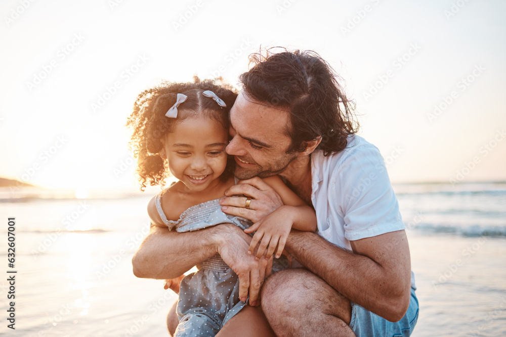 Hug, happy and a child and father at the beach for holiday, care and love together after adoption. S