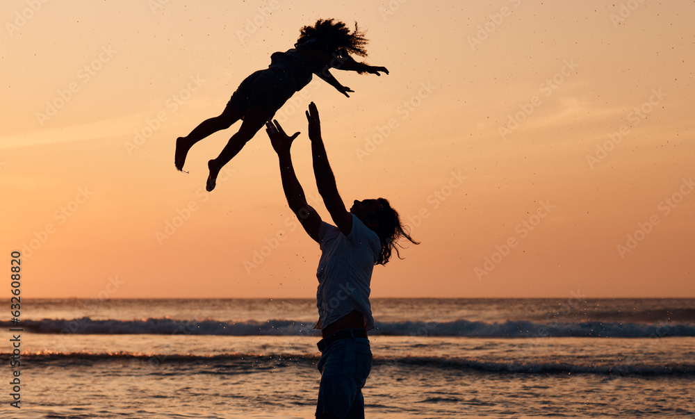 Child, sunset or father by ocean to play a game in Rio de Janeiro in Brazil with support, care or lo