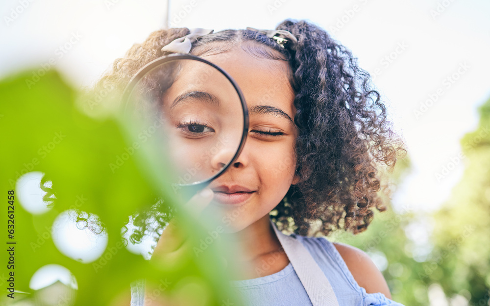 Girl child, magnifying glass and plants in garden, backyard or park in science, study or outdoor. Yo